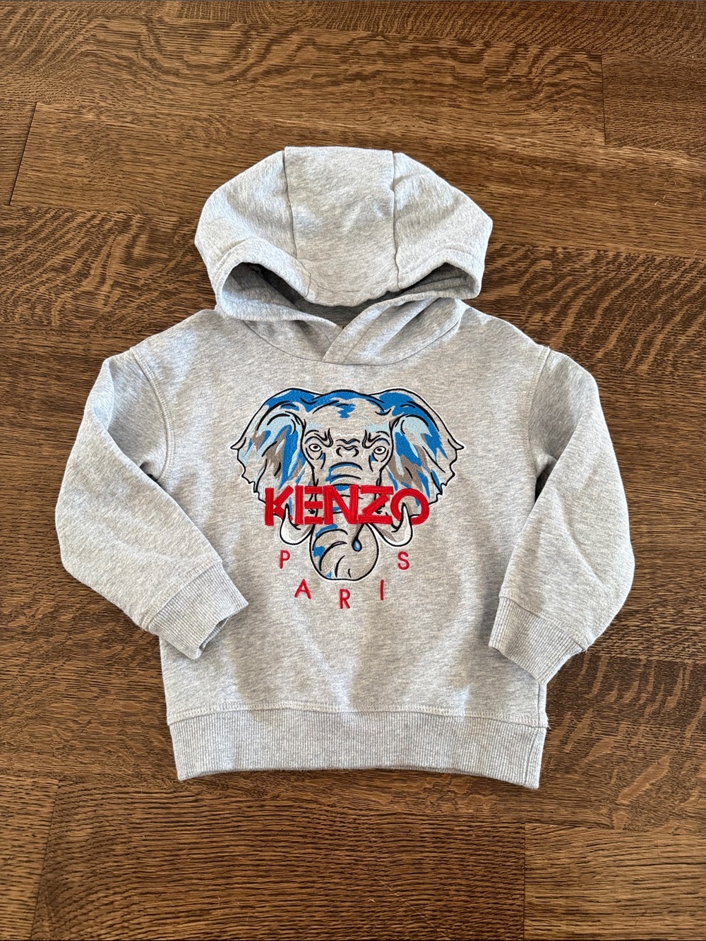Kenzo Kids Light Gray Hoodie with Blue & Red Elephant Graphic